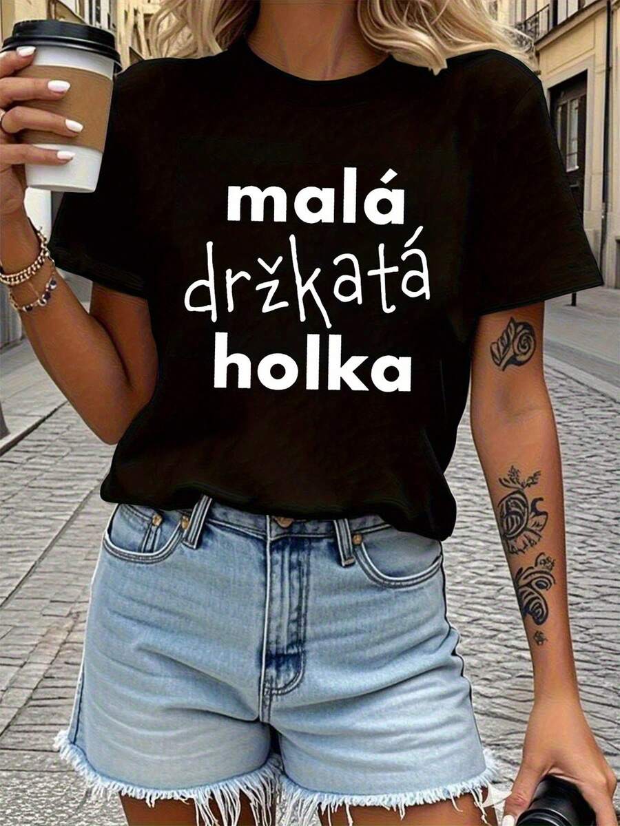 Camiseta de mujer con estampado de letras y cuello redondo para primavera y verano - Negro - Ver 1