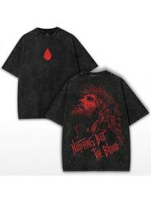 Plus Size Vintage Christian T-Shirt | Serpent Crown And Scripture Print (Matthew 27:29) - Washed Long Sleeve T-Shirt - All Seasons Casual Church Wear - Machine Washable Religious Clothing - 黑色 - 查看 7