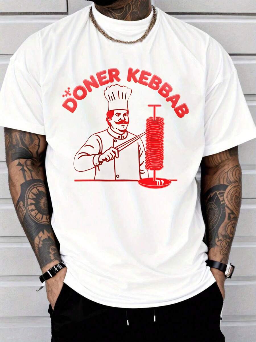 Women's T-Shirts, Summer Tops, Men's Casual Doner Kebbab Chef Graphic T-Shirt, Summer Clothing, Food Lover Gift, Cotton T-Shirt, Women - 白色 - 查看 1