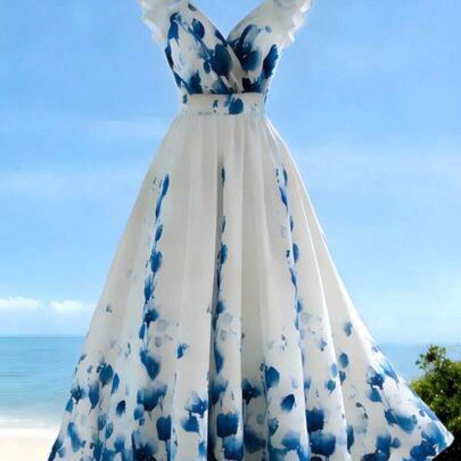 Women's V-Neck Leaf-Edge Fitted A-Line Dress For Spring And Summer,French-Style Resort-Inspired Ruffled Sleeve Women's Dress, Romantic Floral Print Dress,Casual Vacation Fashion Dress,Women Vacation Dress, Boho Summer Dress Women, Summer Casual Dress, Women's Maxi Dress ,Blue Dresses For Women,White Long Dress,Women's Ruffle Dress,Elegant Dresses For Women ,Summer Holiday Dress,Elegant And Romantic Dress, Beach Dresses ,Holiday Dresses,Vacation Dress,Backless, Strappy, Sleeveless Slip D - Azul - Ver 1