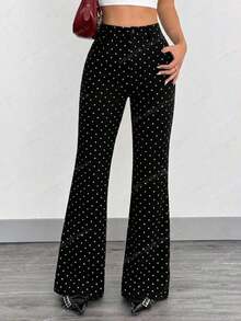 Pantalones negros acampanados casuales de ajuste ceñido con botones delanteros de unicolor para mujer - Negro - Ver 8