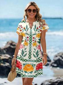 Vestido corto minimalista casual con cuello en V, adecuado para primavera y verano, ropa de verano para mujer, a rayas de colores, ropa de resort para mujer - Multicolor 4 - Ver 4
