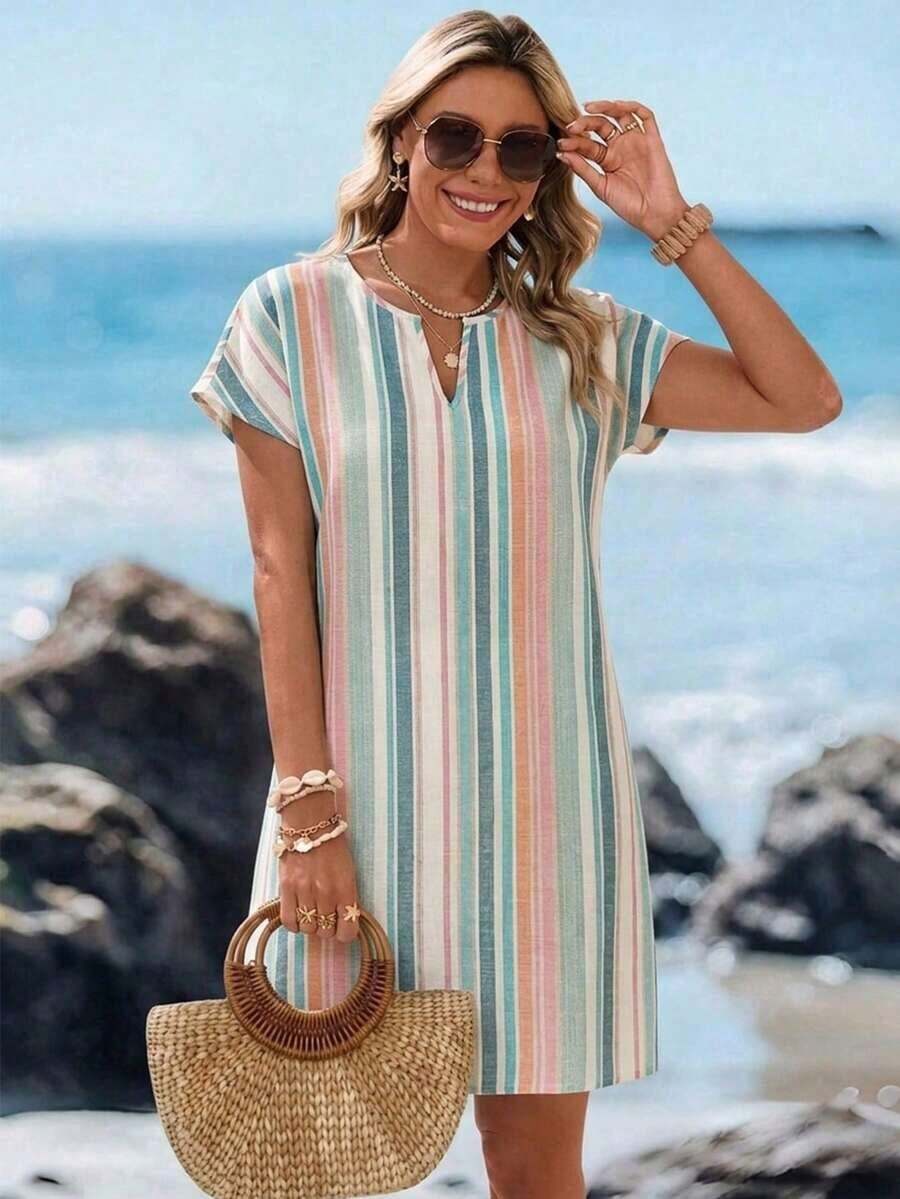 Vestido corto minimalista casual con cuello en V, adecuado para primavera y verano, ropa de verano para mujer, a rayas de colores, ropa de resort para mujer - Multicolor 8 - Ver 1