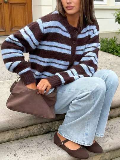 Ancient Lorrie Fashion Striped Knit Cardigan, Casual Knitwear With Buttons For Women, Autumn/Winter