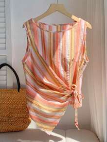 Camiseta de mujer de unicolor con dobladillo asimétrico, cintura con lazo y cuello redondo - Naranja - Ver 4