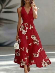 Vestido midi elegante con escote en V sin mangas y cintura ceñida, estampado de patchwork AB, adecuado para el trabajo y las vacaciones - Rojo - Ver 3