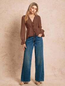 Blusa de manga larga con volantes, lazo delantero y bajo con volantes, unicolor, para primavera/verano - Marrón - Ver 2