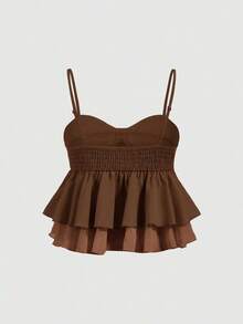 Top de tirantes con volantes y pliegues de color rosa dulce para mujer, top corto de verano - Marrón - Ver 2