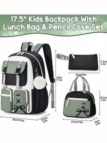 Backpack For Girls, 3 PCS Waterproof Girls Backpack With Lunch Box & Pencil Case, Kid Backpacks For Teen Girl Kindergarten Elementary Middle High School Student Back To School Kid Bookbag Set - Xanh lá cây và đen - Xem 2