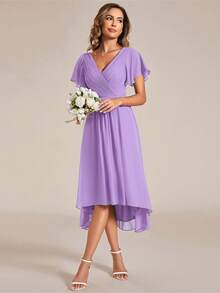 Đầm phù dâu bằng chiffon dáng dài ngắn thanh lịch dành cho nữ, cổ chữ V, tay bồng, thích hợp cho đám cưới mùa hè. - Màu Lilac Tím - Xem 4