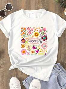 Limited Time Offer, Limited Quantities, Flash ! Women's Pure Cotton T-Shirt With A Fun "Happiness Springs From Within" Print. Stylish And Cute Floral Design. Summer Wear, Y2K Fashion, High Quality. Summer Garment, Party Outfit For Women,  Casual Top For Everyday Style And Beach Settings. - 白色 - 查看 7
