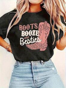 New Arrival Summer 2026 [100% Cotton] Women's Western Cowboy Print T-Shirt - Slogan "Boots, Wine And Best Friends" With Cowboy Boot Design - Non-Stretch Crew Neck T-Shirt, Ideal For Night Out, Birthday Party, Independence Day - Washable Black T-Shirt With Pink Letter Print - Casual Spring Summer T-Shirt, Country Style, Party Outfit, Quality Digital Print, Durable Fabric, Loose Fit Short Sleeve T-Shirt, Casual, Fashionable, Suitable For Work, Daily Wear - 黑色 - 查看 1