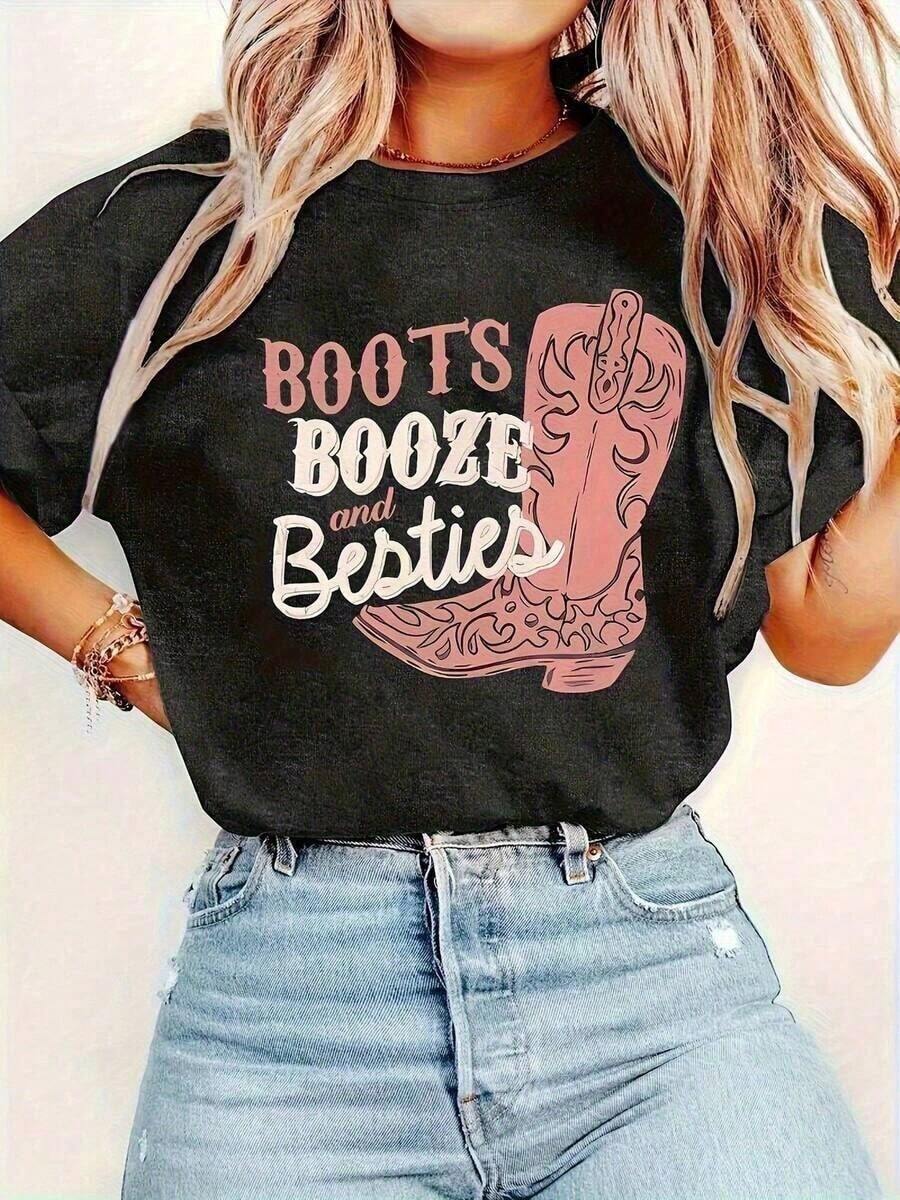 New Arrival Summer 2026 [100% Cotton] Women's Western Cowboy Print T-Shirt - Slogan "Boots, Wine And Best Friends" With Cowboy Boot Design - Non-Stretch Crew Neck T-Shirt, Ideal For Night Out, Birthday Party, Independence Day - Washable Black T-Shirt With Pink Letter Print - Casual Spring Summer T-Shirt, Country Style, Party Outfit, Quality Digital Print, Durable Fabric, Loose Fit Short Sleeve T-Shirt, Casual, Fashionable, Suitable For Work, Daily Wear - 黑色 - 查看 1