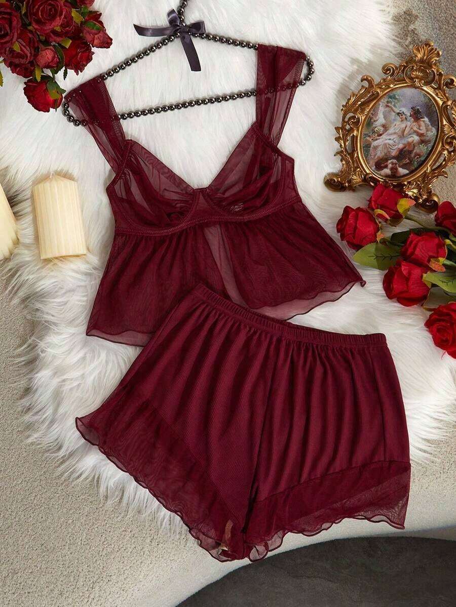 Conjunto de lencería sexy con copa fina y aros de mujer - Burdeos - Ver 1