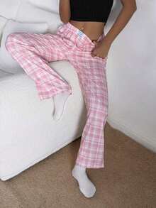 Pantalones de estar por casa rectos de cintura elástica con estampado de cuadros para mujer, para invierno - Multicolor 4 - Ver 6