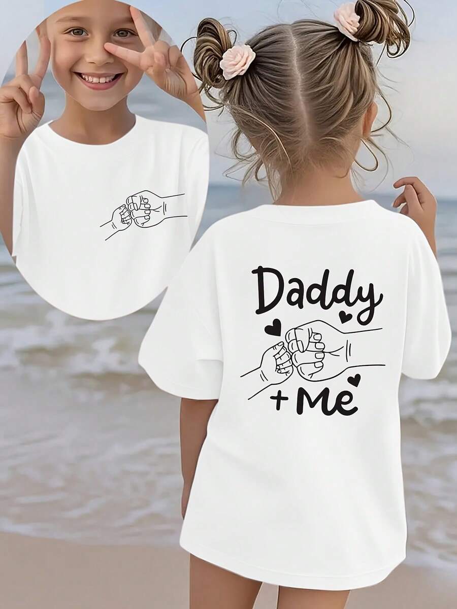 1 pieza Camiseta de manga corta para niñas, estilo veraniego, con estampado de dibujos animados de "Daddy + Me" con puño y corazón, impresión a doble cara, top casual versátil NY-DX4322180g 100% algodón - Blanco - Ver 1