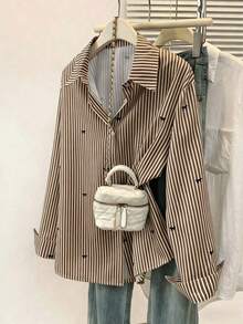 Camisa de manga larga con estampado a rayas y lazo, con botones delanteros, cuello de camisa, top casual, adecuado para primavera, otoño e invierno en color rosa - Café integral - Ver 1