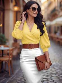 Blusa corta de mujer con cuello en V, manga de pétalo con lunares, cintura ceñida, nueva para primavera/verano - Amarillo claro - Ver 5