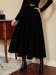 DECDS Falda elegante vintage para mujer con bolsillos y cinturón a cuadros, falda casual de vacaciones, falda gris de otoño, invierno y Navidad, falda para invitada de boda - Negro - Ver 12