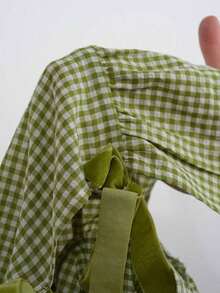 Camisa sin mangas a cuadros rojos y blancos tejida con nudo delantero para mujer - Verde - Ver 8