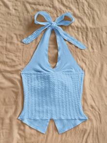 Camiseta sin tirantes con nudo, abertura y espalda abierta, de estilo sexy y a la moda - Celeste 2 - Ver 2