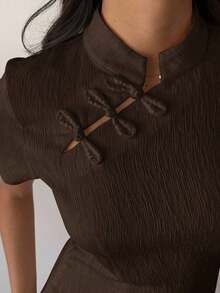 Blusa de cuello Mao de manga corta con cintura ceñida, estilo chino nuevo en color albaricoque, nuevo diseño de primavera/verano para mujer - Café integral - Ver 3