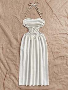 Vestido largo con espalda calada y lazo, cuello drapeado, lazo en la cintura, abertura alta, adecuado para vacaciones, festivales de música, estilo bohemio, vacaciones, citas, té de la tarde - Beis - Ver 2