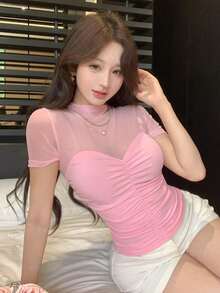 Blusa corta de manga corta de malla transparente elegante y ajustada para mujer, con parches de lunares de malla, ideal para primavera y verano, de uso versátil para San Valentín, boda, fiesta, banquete - Rosa - Ver 2