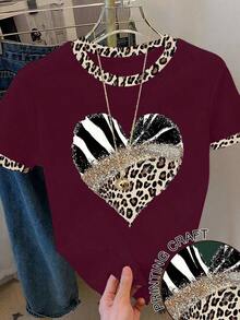 Camiseta casual de mujer con estampado de leopardo, patrón de corazón y bloqueo de color en cuello redondo - Burdeos - Ver 1