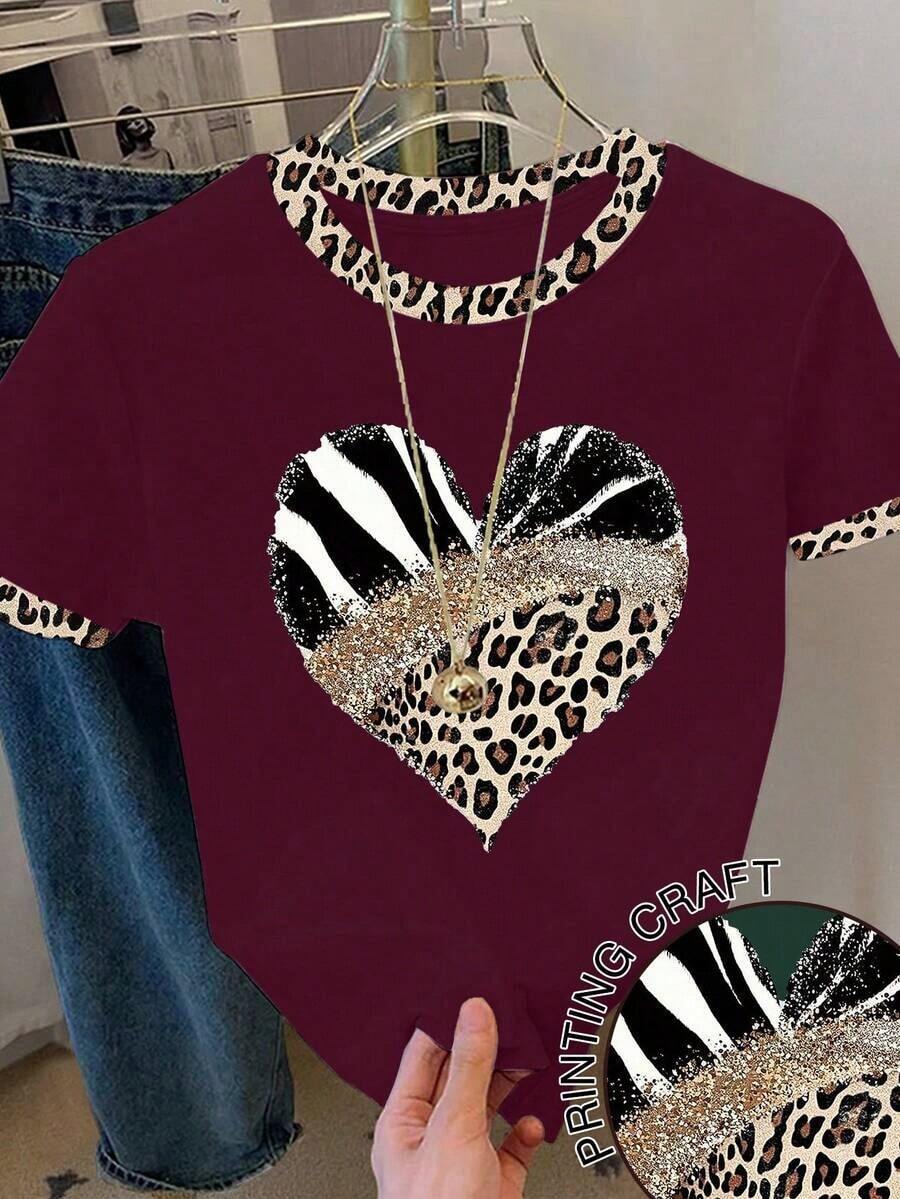 Camiseta casual de mujer con estampado de leopardo, patrón de corazón y bloqueo de color en cuello redondo - Burdeos - Ver 1