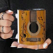 1pc Guitar Themed Ceramic Mug, With Musical Notes And Vibrant Orange Guitar Design - Durable Handwash Drinkware, Suitable For Hot And Cold Beverages - Perfect Gift For Music Lovers, Christmas, Thanksgiving, Halloween, Easter, Guitar Accessories - Multicolor - View 2