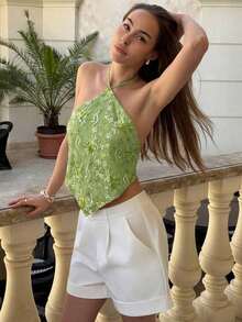 Top halter con espalda descubierta y lentejuelas sexy para mujer, ideal para verano, vacaciones en la playa, estilo bohemio, tropical, conciertos, festivales, country, Ibiza, Nashville, estilo occidental, boho, streetwear, gyaru - Verde 4 - Ver 5