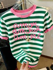 Camiseta de mujer de manga corta, cuello redondo, estampado de letras y rayas, informal, para verano - Multicolor 5 - Ver 3