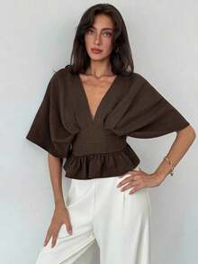 Blusa de manga de murciélago de unicolor elegante para mujer, de verano - Café integral - Ver 6