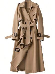 Gabardina larga de doble botonadura para mujer, clásica y elegante, chamarra de solapa a prueba de viento con cinturón, ropa exterior de otoño e invierno - Caqui - Ver 1