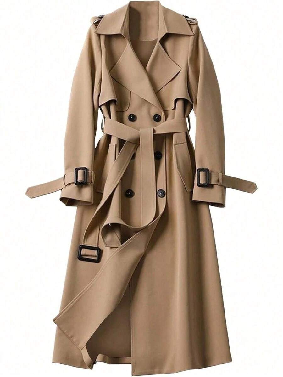 Gabardina larga de doble botonadura para mujer, clásica y elegante, chamarra de solapa a prueba de viento con cinturón, ropa exterior de otoño e invierno - Caqui - Ver 1