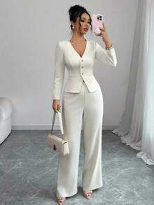 Elenzya Conjunto de blazer y pantalones de manga larga elegante para mujer, estilo de negocios/oficina, adecuado para verano, Día de la Independencia, graduación, vuelta al colegio - Albaricoque - Ver 7