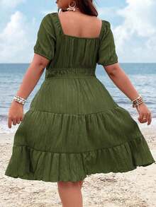 Clasi Vestido corto de manga corta en color burdeos de uso diario, sencillo y liso para mujeres de talla grande - Verde militar - Ver 2