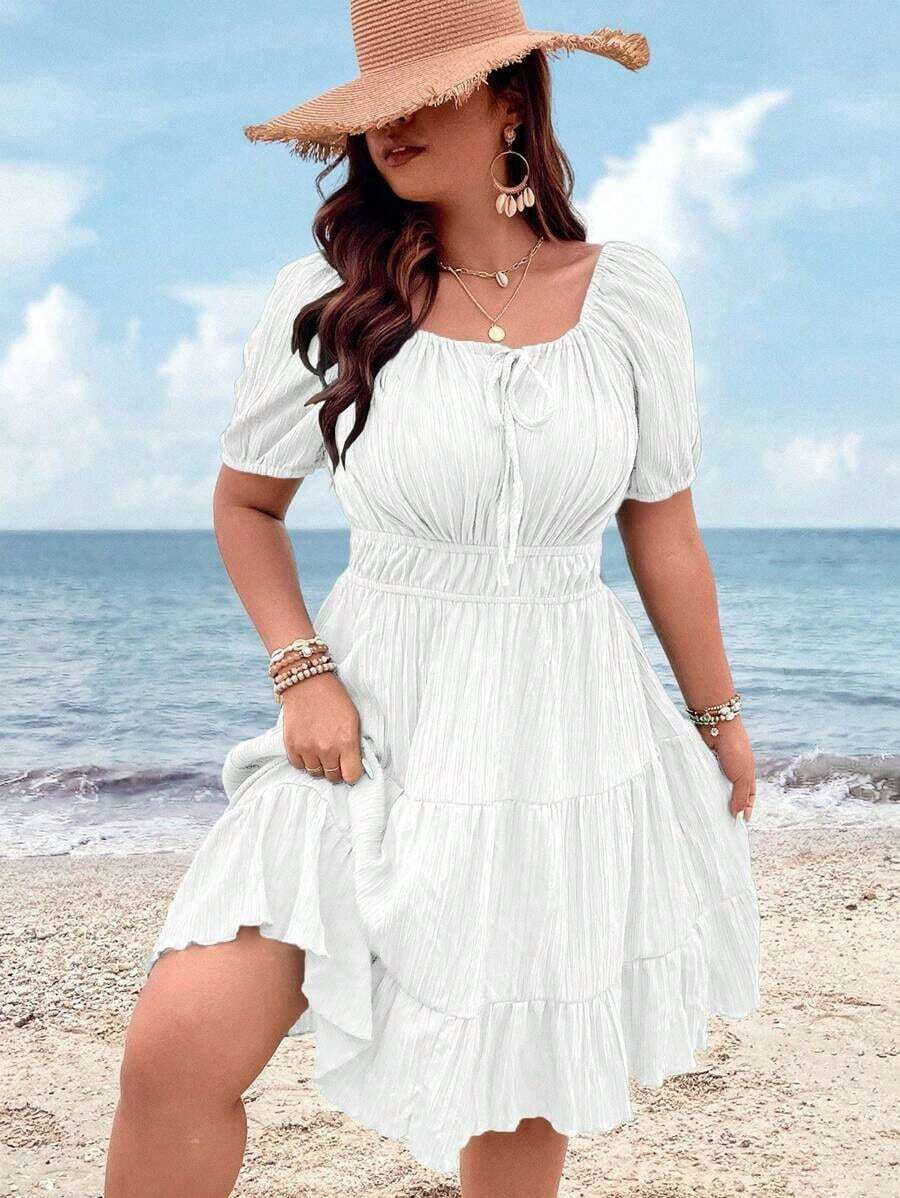 Clasi Vestido corto de manga corta en color burdeos de uso diario, sencillo y liso para mujeres de talla grande - Blanco - Ver 1