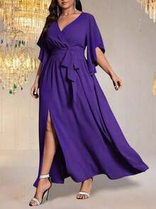 Vestido maxi elegante de fiesta con abertura, cuello en V ajustado, mangas acampanadas y cintura fruncida, talla grande para mujer - Morado - Ver 1