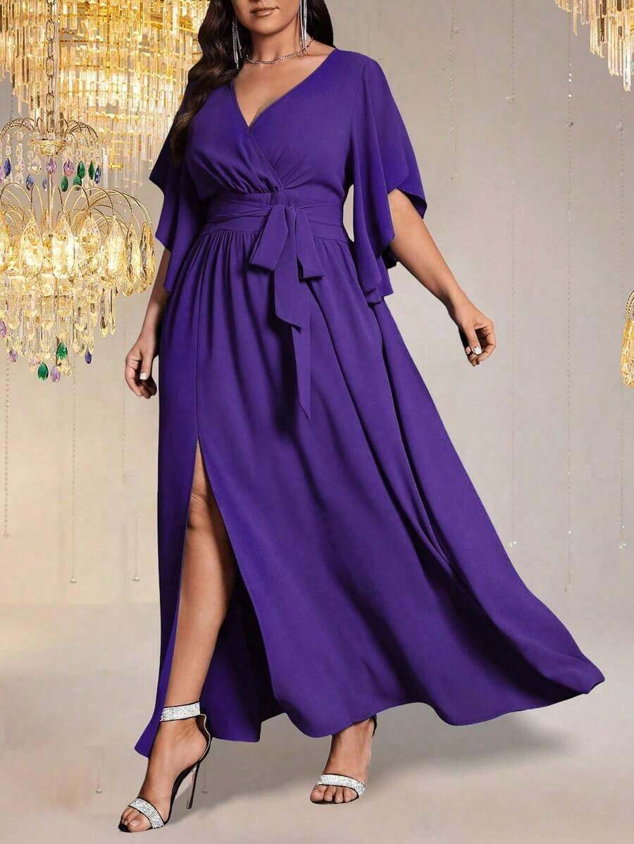 Vestido maxi elegante de fiesta con abertura, cuello en V ajustado, mangas acampanadas y cintura fruncida, talla grande para mujer - Morado - Ver 1