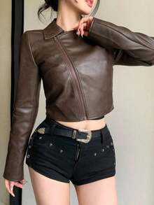 Chaqueta corta de PU casual y holgada para mujer, estilo callejero para otoño e invierno, ropa de mujer de otoño - Marrón - Ver 9