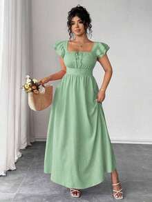 Vestido elegante de talla grande para mujer con cuello cuadrado, mangas con volantes en capas, lazo delantero y trasero, diseño ajustado en la cintura y casual - Verde 2 - Ver 5