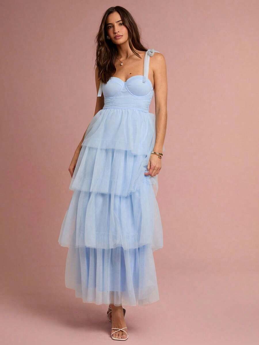 Vestido de mujer elegante de unicolor con tirantes de malla - Celeste - Ver 1