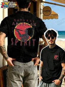 Camiseta de hombre con estampado natural de estilo americano, de algodón, cuello redondo, manga corta, estilo urbano, vintage, casual para uso diario, ideal para vacaciones de verano. - Negro - Ver 7