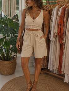 Bermuda ligera mujer short unicolor con costura de contraste, pantalón corto con cintura ajustable dama para vacaciones - Beis - Ver 3
