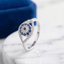 Sweet Women's Blue Evil Eye Cubic Zirconia Ring, Latest Fashion Vintage Evil Eye Tail Ring For Ladies, Bohemian Valentine's Day Gift, Seasonal Wedding Band - Silver - View 3