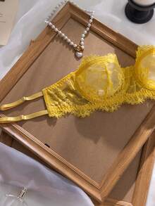 2pcs Yellow Lace Bandeau Bra Set, Delicate Lace Pattern Sheer & Sexy, Strapless Design Suitable For Open Shoulder Outfits, Sweet & Alluring, Suitable For Multiple Occasions And Groups, Underwire Style For Better Lift And Support - Yellow - View 5