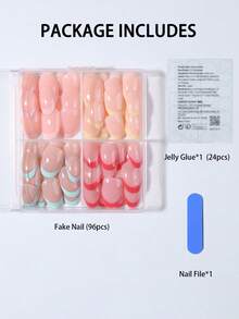 96片/組 (4種混色) Y2K風格短橢圓彩色法式美甲貼片，包含黃色、藍色、玫瑰紅、粉色和裸色法式設計，全覆蓋壓克力假指甲，適合女性和女孩日常工作、學習和派對，春季/夏季美甲 - 彩色 - 查看 5
