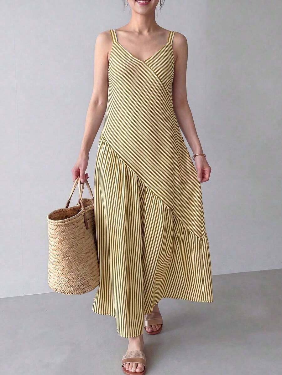 YHHEMERY ROSE Vestido casual de mujer con rayas y bajo asimétrico, para veranoYHH - Amarillo - Ver 1